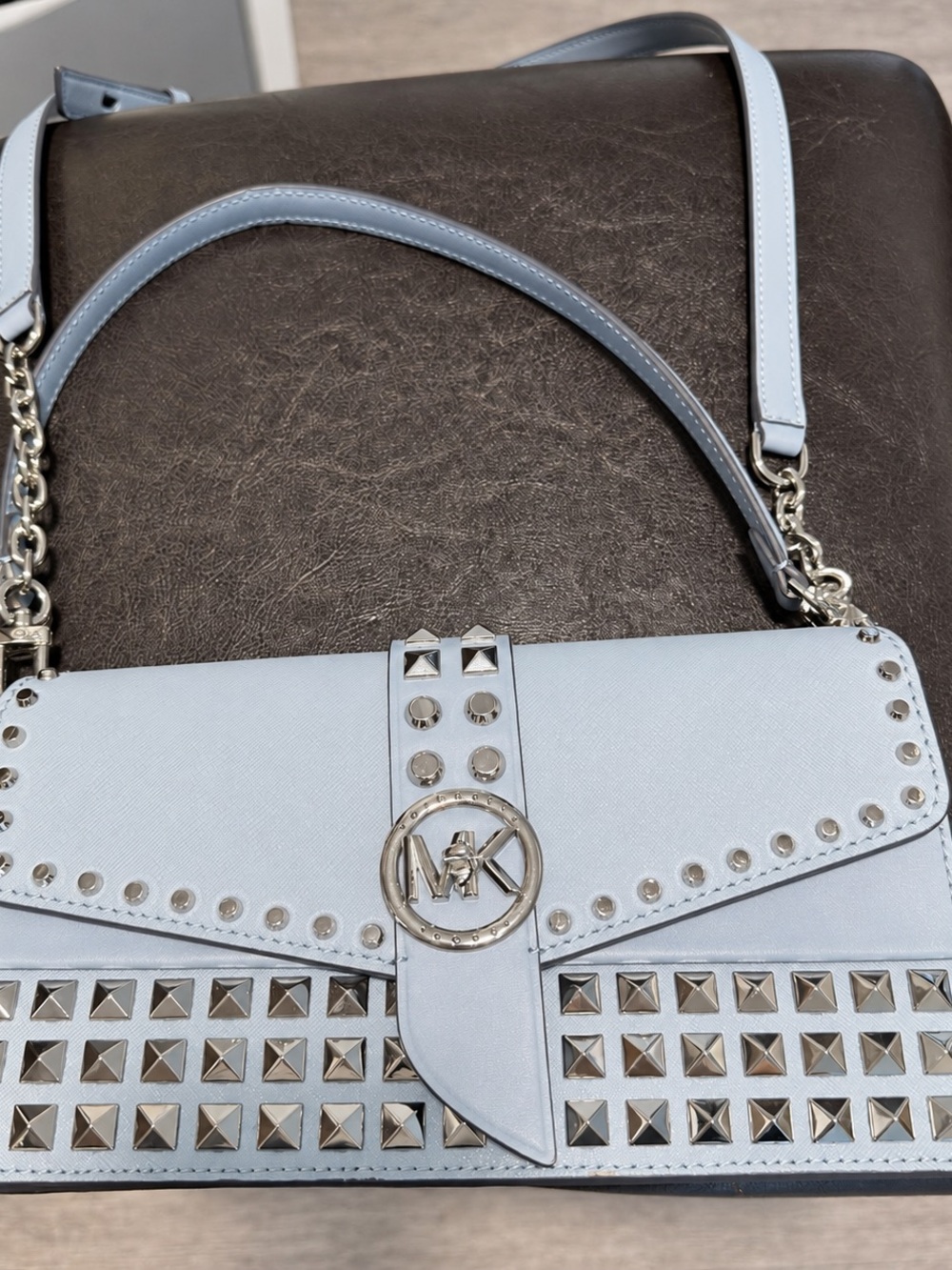 MICHAEL KORS Powder Blue Studded Leather Shoulder Bag